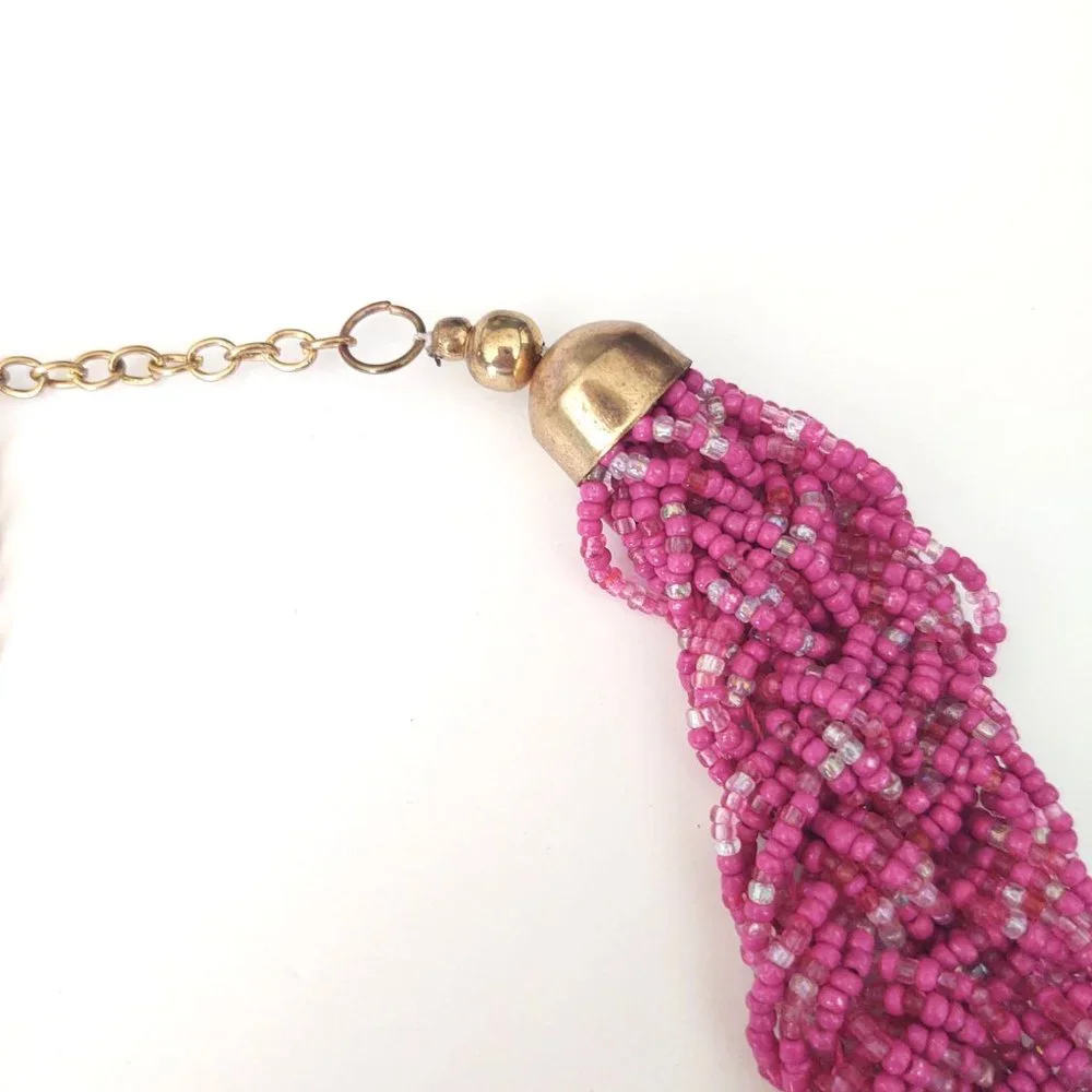 Braided hot pink and clear seed bead necklace